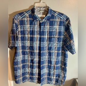 Size L Tommy‎ Bahama Button Up Short Sleeve Plaid Floral Blue Shirt